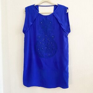 Anthropologie TIBI Dress Cobalt Blue 4 Silk Beaded‎ Shift Short Sleeve V Back